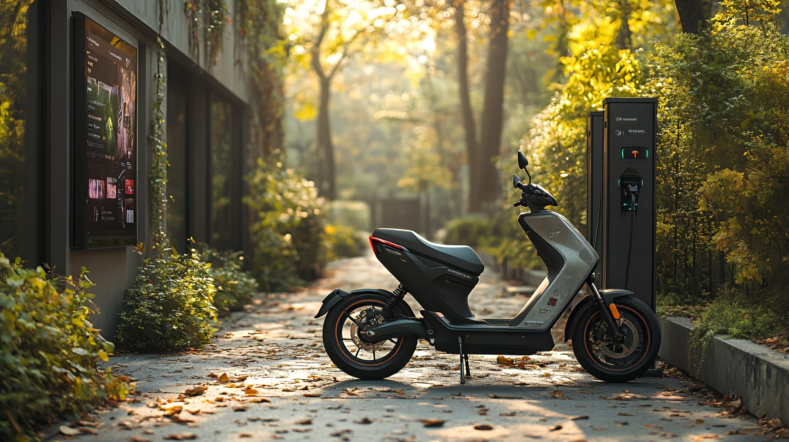 A sleek electric scooter parked at a charging station in a serene autumn park setting.